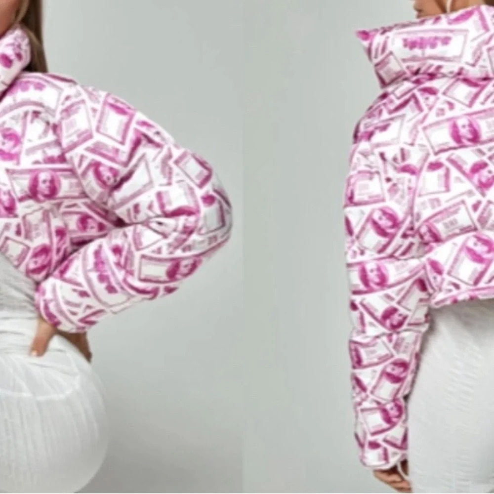 Preloved excellent condition Pink Money Print Cropped Puffer Jacket - Picture 3 of 3